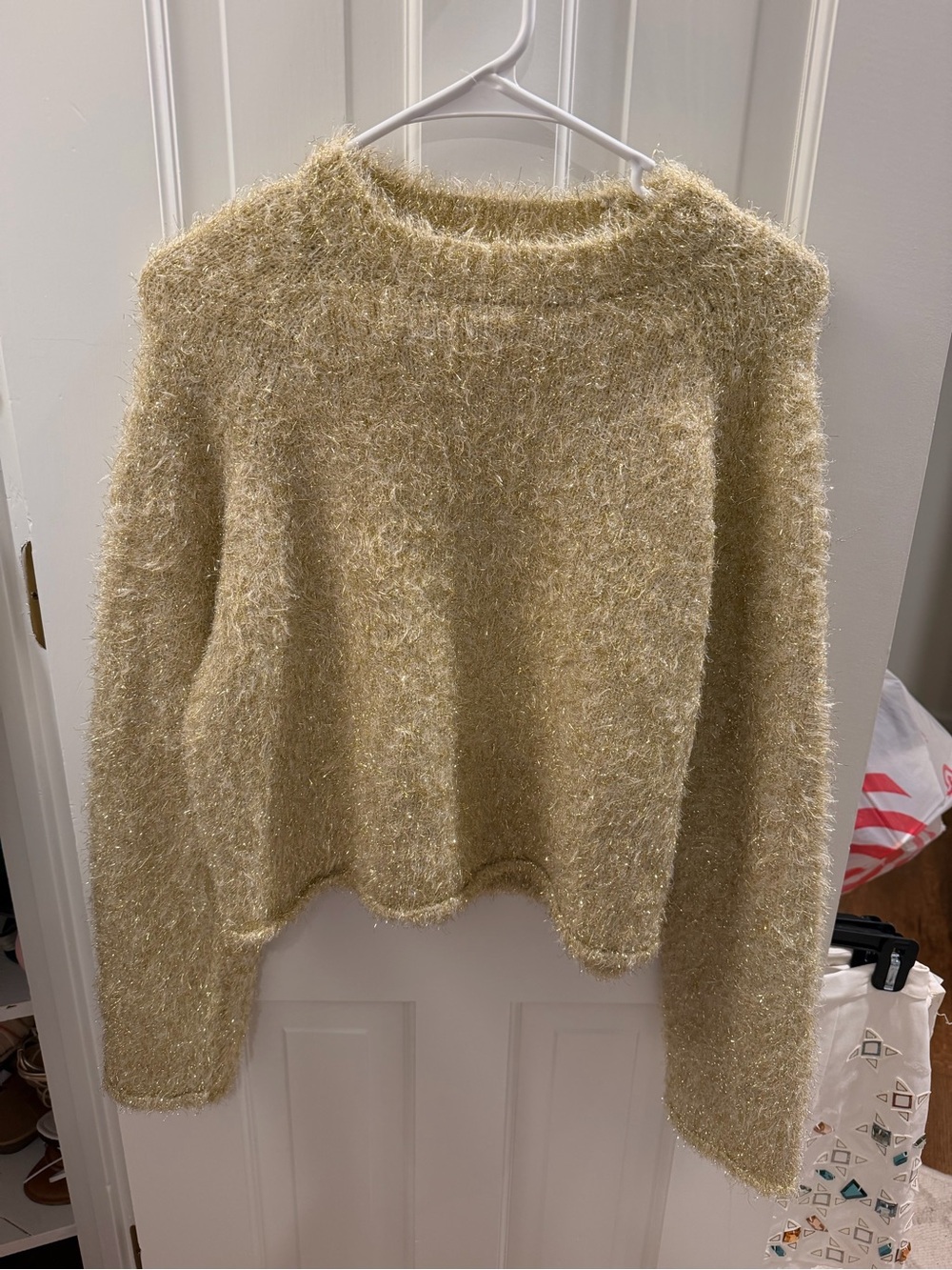 Zara Metallic Gold Fuzzy Crewneck Sweater